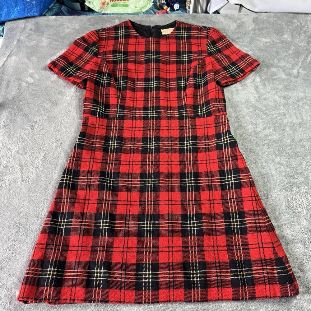 Vintage 60s Pendleton Virgin Wool Plaid Shift Dress‎ Red Black Size 12 Retro Mod